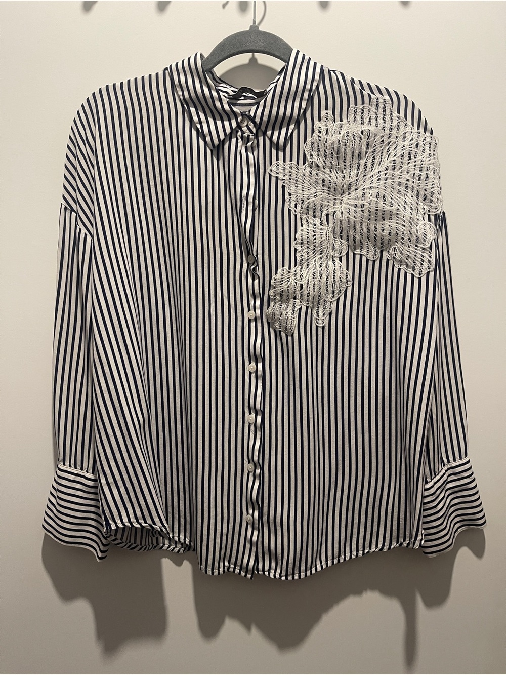 Suzy Shier Black & White Striped Button-Up Blouse with Lace Applique